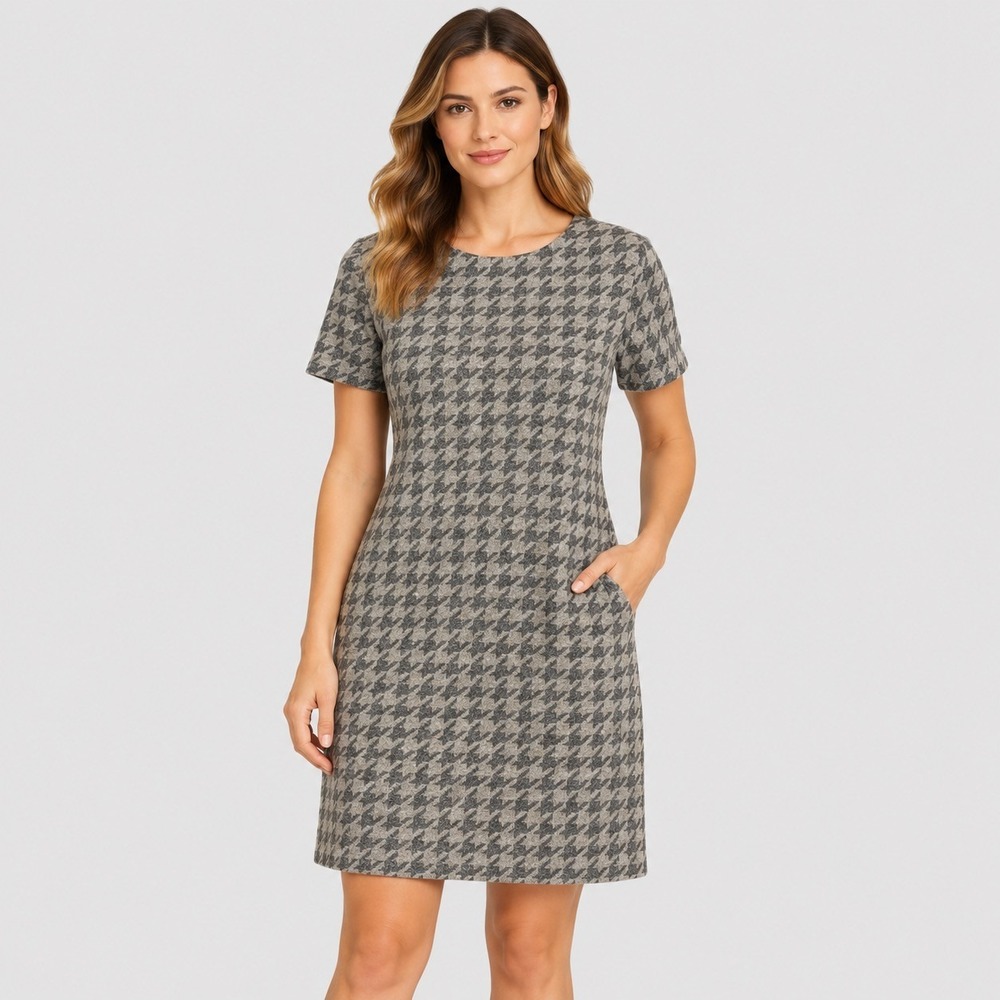 Talbots Womens 12 Tan Black Houndstooth Sheath Dress Office Siren Quiet Luxury
